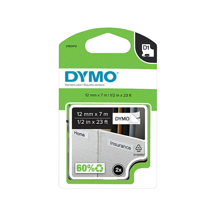 DYMO D1 Labelling Tape - Black on White (12mm x 7m) 2PK