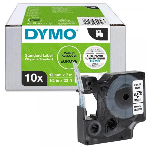 DYMO D1 Labelling Tape - Black on White (12mm x 7m) 10PK