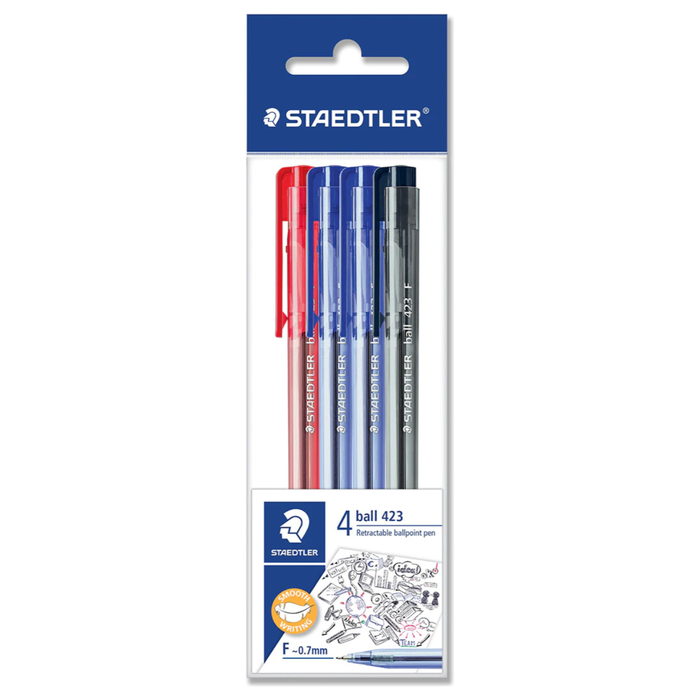 Staedtler Ball 423 Triangular Retractable Ballpoint Pens 4-Pack - Blue/Black/Red