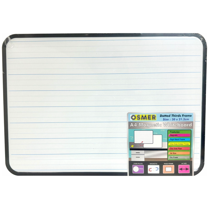 A4 Magnetic Whiteboard Doubled Sided - Plain and Dotted Thirds with Frame