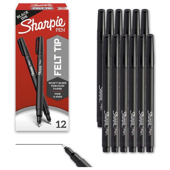 Sharpie Pen Stylo Felt Tip 0.4mm Black Fine Liners (12pk)